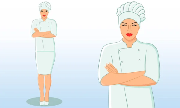 Pleine Longueur Portrait Belle Jeune Femme Souriante Chef Cuisinier Portant — Image vectorielle