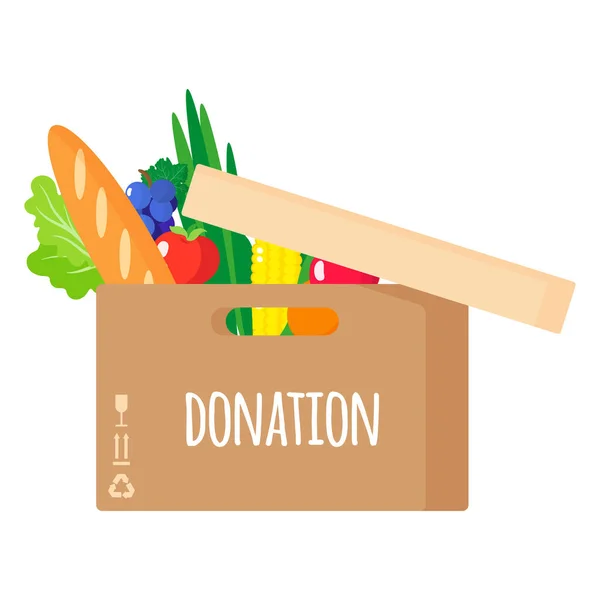 Vector Cartoon Illustration Donation Cardboard Box Healthy Organic Food Isolated — Stock Vector