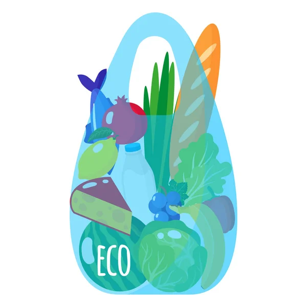 Dibujos Animados Vectoriales Ilustración Eco Transparente Bolsa Comestibles Sin Plástico — Vector de stock