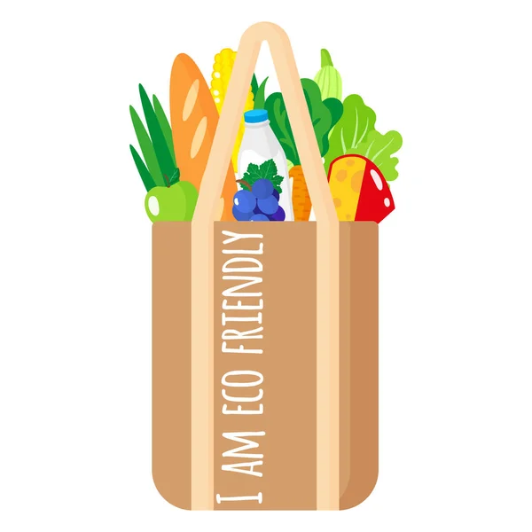Ilustração Desenho Animado Vetorial Saco Supermercado Tecido Completo Com Alimentos — Vetor de Stock