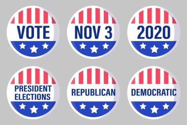 ABD 'de 2020 başkanlık seçimleri tarihini ve bayrağı gösteren yuvarlak amblem, etiket veya rozet seti. Oylama konsepti