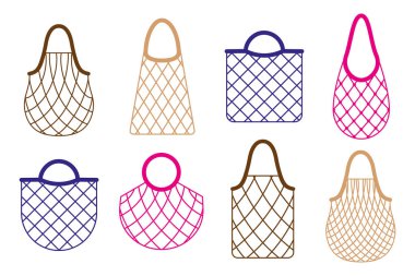 Vector cartoon set of empty grocery string bag or turtle mesh bag for healthy organic food isolated on white background. Caring for the environment concept. Eco-food shopping. clipart