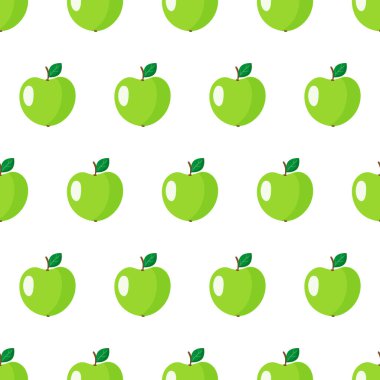 Ağ, baskı, ambalaj, kumaş dokusu veya duvar kağıdı için beyaz arkaplanda izole edilmiş yeşil elma meyvesi ile vektör dikişsiz desen.