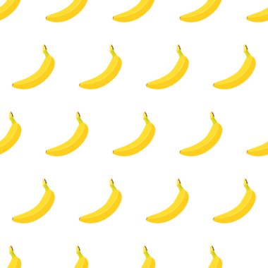 Ağ, baskı, ambalaj, kumaş dokusu veya duvar kağıdı için beyaz zemin üzerinde izole edilmiş tamamen sarı olgun muz içeren vektörsüz desen.