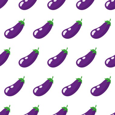 Ağ, baskı, ambalaj, kumaş dokusu ya da duvar kağıdı için beyaz zemin üzerine izole edilmiş tamamen olgun mor patlıcan içeren vektörsüz desen.