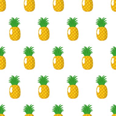 Ağ, baskı, ambalaj, kumaş dokusu ya da duvar kağıdı için beyaz zemin üzerinde izole edilmiş tamamen olgunlaşmış sarı ananas ile vektörsüz desen.