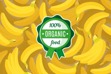 Sarı tropikal muz arkaplanı ve yuvarlak yeşil organik gıda etiketli taşıyıcı poster veya afiş. Çevresel etiket tasarımı. Çevre gıda alışverişi.