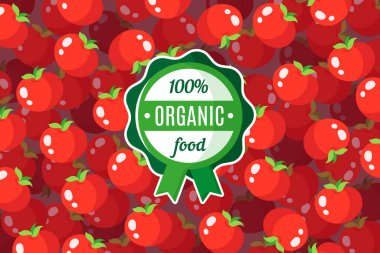 Kırmızı domates arkaplanı ve yuvarlak yeşil organik gıda etiketli taşıyıcı poster ya da afiş. Çevresel etiket tasarımı. Çevre gıda alışverişi.