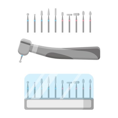 Vector cartoon illustration of dental drill with burs set isolated on white background. Dental concept. clipart