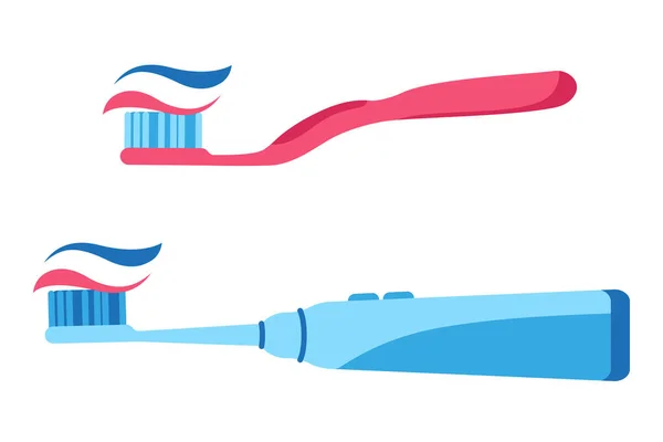 Ilustración Vectorial Dibujos Animados Cepillo Dientes Manual Eléctrico Con Pasta — Vector de stock