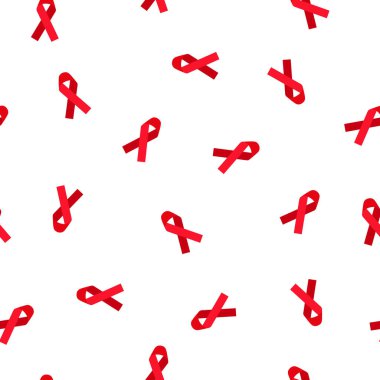 Beyaz arka planda kırmızı kurdeleli vektör karikatür deseni. 1 Aralık Dünya AIDS Günü. AIDS ve HIV ile mücadelenin tıbbi sembolü.