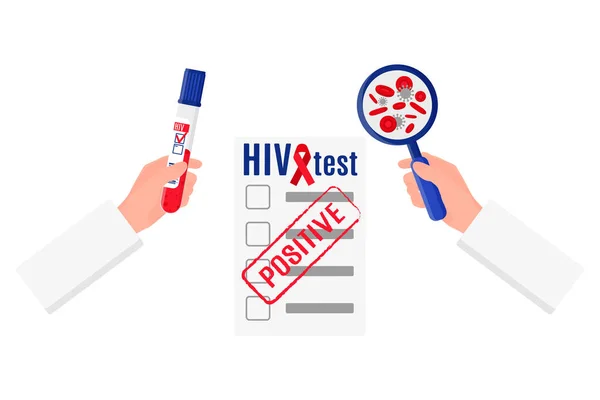 Elinde Kan Testi Pozitif Hiv Testi Büyüteç Beyaz Bir Arka — Stok Vektör