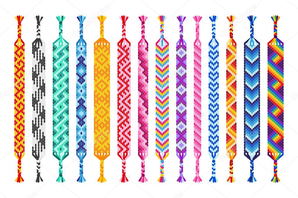 Vector set of multi-colored handmade hippie friendship bracelets of threads isolated on white background. Macrame normal pattern.