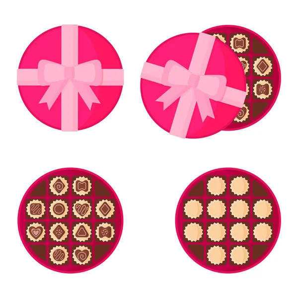 Ronde Roze Doos Chocolade Voor Valentijnsdag Vector Plat Ontwerp Geïsoleerd — Stockvector