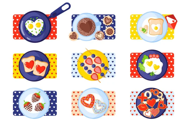 Alla Hjärtans Dag Frukost Set Rostat Bröd Äggröra Omelett Pepparkakor — Stock vektor