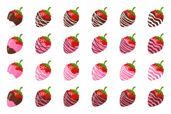 Conjunto Fresas Glaseadas Chocolate Para Día San Valentín Diseño Plano — Vector de stock