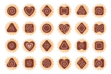 Sevgililer Günü için kremalı çeşitli şekillerde çikolatalar. Beyaz arkaplanda izole edilmiş vektör düz tasarımı.