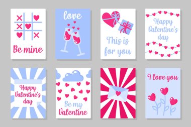 Sevgililer Günü ya da düğün için pembe, beyaz ve mavi renkli kartlar. Oyun, cam, hediye, aşk mektubu, çiçek, vs. Gri arkaplanda izole edilmiş vektör düz tasarımı