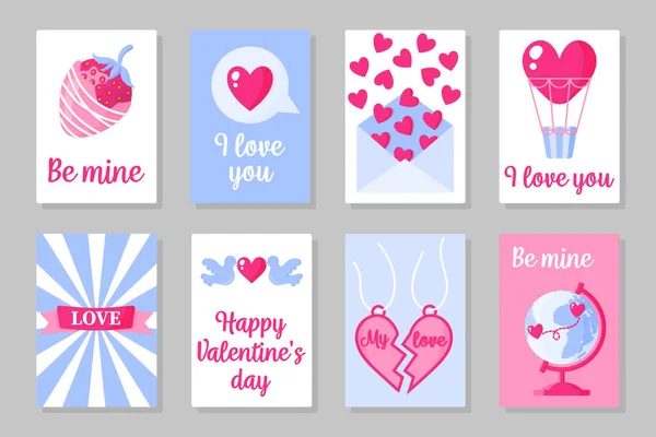 Ein Set Rosa Weißer Und Blauer Karten Für Den Valentinstag — Stockvektor