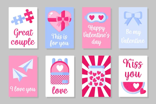 Set Pink White Blue Colored Cards Valentine Day Wedding Airplane — Stock Vector