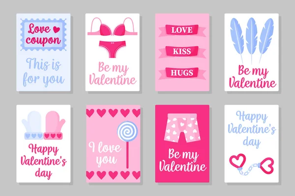 Set Carte Colorate Rosa Bianco Blu San Valentino Matrimonio Coupon — Vettoriale Stock