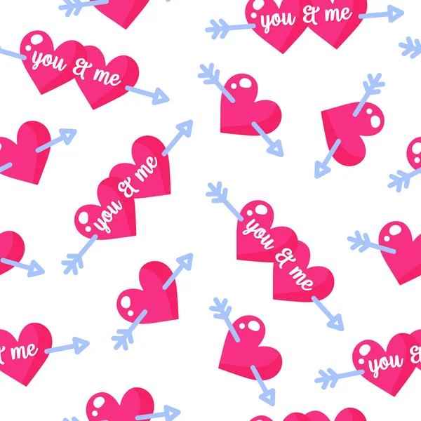 Seamless Pattern Hearts Inscriptions Cupid Arrows Wedding Valentine Day Cartoon — 스톡 벡터