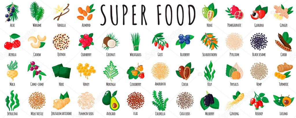 Large healthy super food set as acai, quinoa, goji, chia, maca, spirulina, mulberry, cocoa, sesame, turmeric. Natural vitamin antioxidant detox food collection. Vector cartoon isolated illustration.