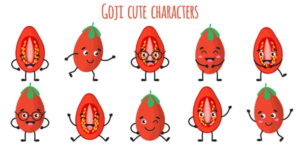 Goji Fruits Mignon Personnages Joyeux Drôles Avec Différentes Poses Émotions — Image vectorielle