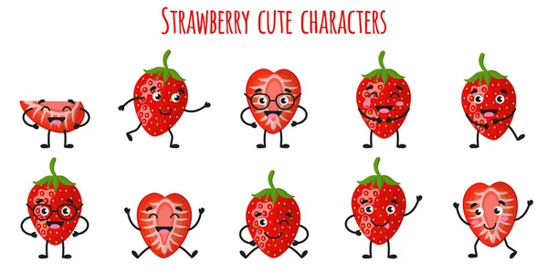 Fraise Fruits Mignon Personnages Joyeux Drôles Avec Différentes Poses Émotions — Image vectorielle