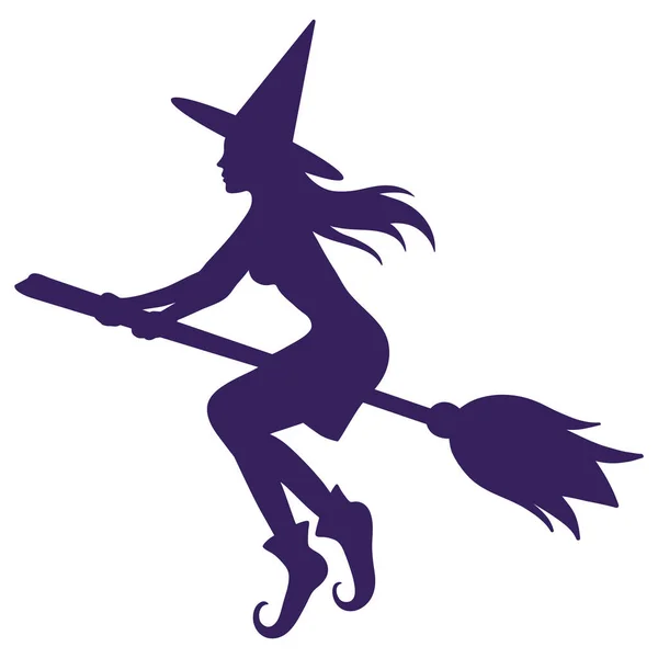 Silhouette Einer Hexe Die Auf Einem Besenstiel Fliegt Traditionelles Halloween — Stockvektor