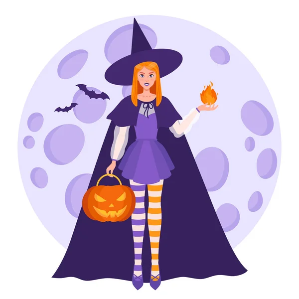 Witch Girl Fireball Her Hand Halloween Orange Pumpkin Background Full — Stock Vector