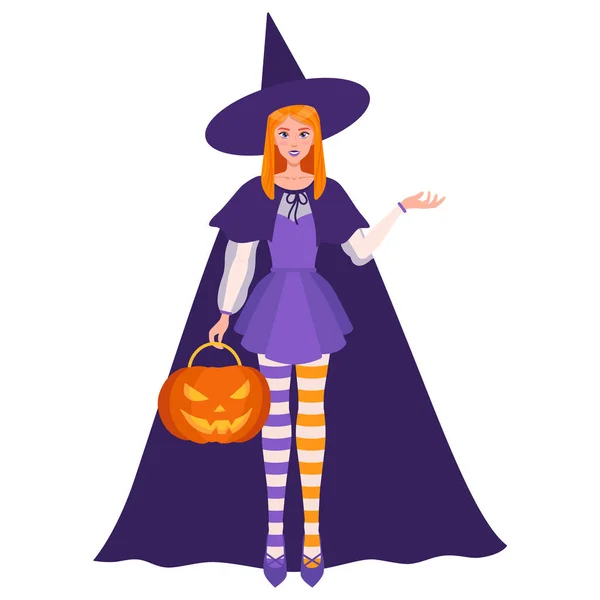 Heksenmeisje Met Halloween Oranje Pompoen Haar Rechterhand Traditioneel Halloween Symbool — Stockvector