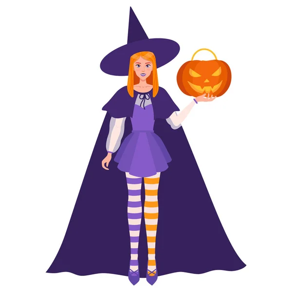 Heksenmeisje Met Halloween Oranje Pompoen Haar Linkerhand Traditioneel Halloween Symbool — Stockvector