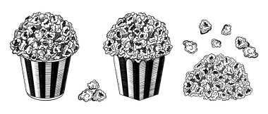 Sinema seti kutuda patlamış mısır. Siyah vektör mürekkebi çizim çizgisi biçiminde izole edildi.