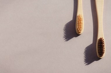 Bej arka planda zıt gölgelerle biyolojik olarak çözünebilen iki bambu diş fırçası.