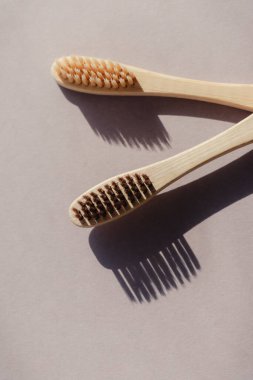 Bej arka planda zıt gölgelerle biyolojik olarak çözünebilen iki bambu diş fırçası.