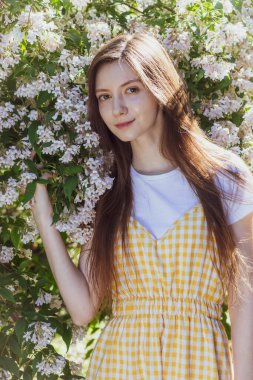 Sarı kareli elbiseli esmer bir kız güneşli bir günde çiçekli bir çalılığın yanında duruyor.