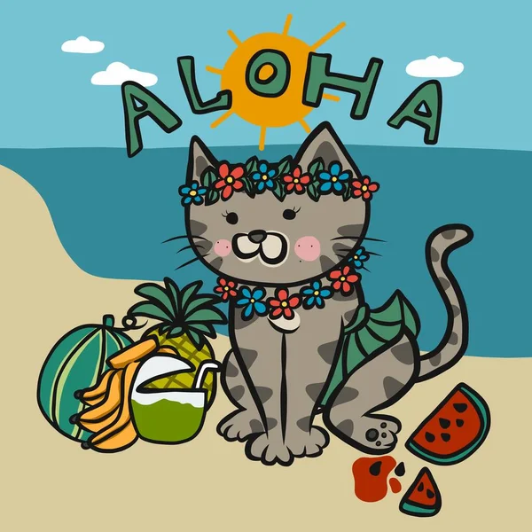 Aloha Tabby Katt Bära Hawaii Klänning Tecknad Vektor Illustration — Stock vektor