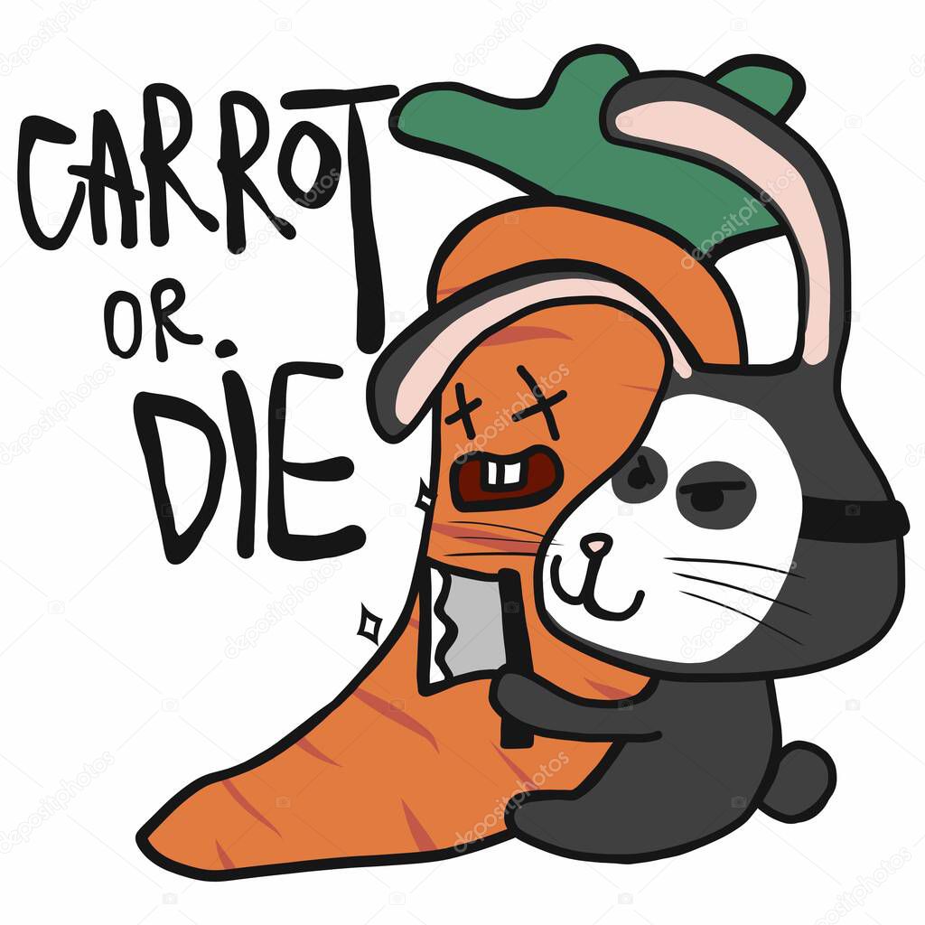 Bad rabbit catch carrot to be hostage and Carrot or die word cartoon vector illustration