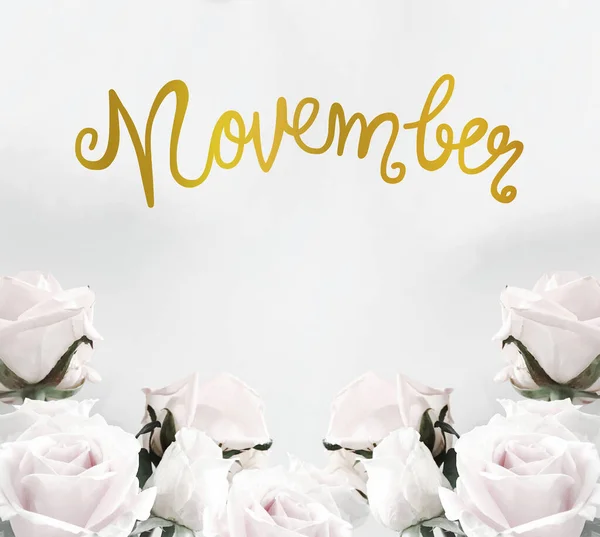 Νοέμβριος Γραφικό Χαρακτήρα Γράμματα Χρυσό Χρώμα Λευκό Φόντο Τριαντάφυλλα Πλαίσιο — Φωτογραφία Αρχείου