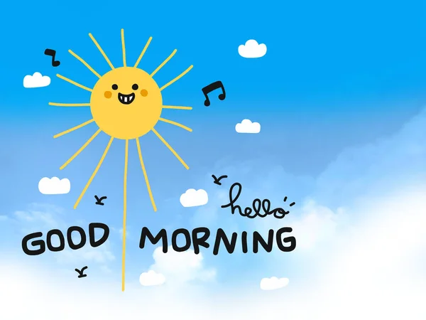 Hello good morning happy sun smile cartoon doodle on blue sky background
