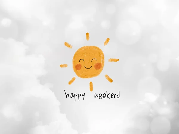 Χαρούμενο Σαββατοκύριακο Χαριτωμένο Ήλιο Χαμόγελο Μολύβι Εικονογράφηση Χρώμα Λευκό Ουρανό — Φωτογραφία Αρχείου