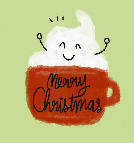 Καλά Χριστούγεννα Φλιτζάνι Καφέ Και Χαμόγελο Πρόσωπο Ακουαρέλα Ζωγραφική Εικόνα — Φωτογραφία Αρχείου