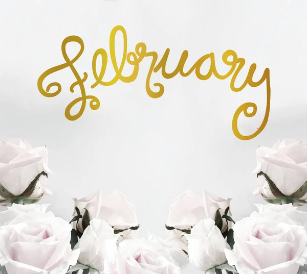 February Handwriting Lettering Gold Color White Roses Frame Background — Stock Photo, Image