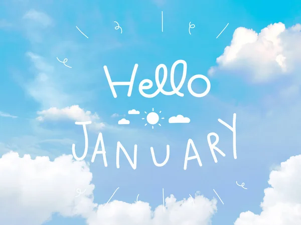 hello January concept. inspirational quote on blue sky background.