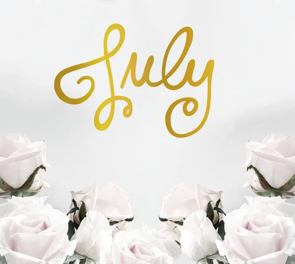 Luglio Scrittura Mano Lettering Colore Oro Sfondo Bianco Rose Cornice — Foto Stock