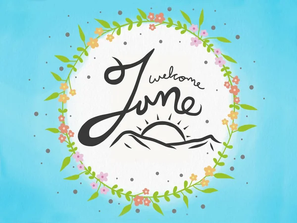 June Welcome Lettering Cartoon Sun Rocks Floral Wreath Frame — 图库照片