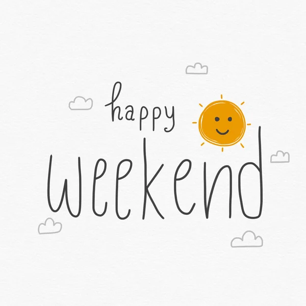 Zeichnung Von Smiley Sonne Mit Wolken Und Happy Weekend Schriftzug — Stockfoto