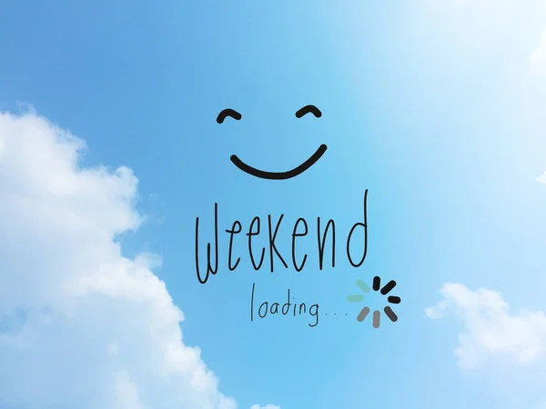 Cute Smiley Face Weekend Loading Lettering Real Cloudy Sky — Stock Photo, Image