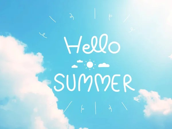 Hello Summer White Lettering Drawn Sun Clouds Real Cloudy Sky — 图库照片